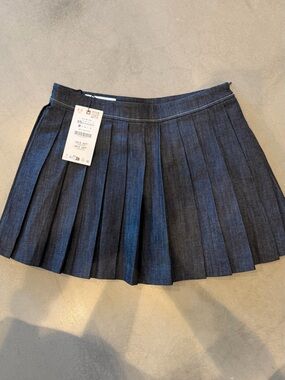 Zara Pleated Denim Mini Skirt - Dark Blue